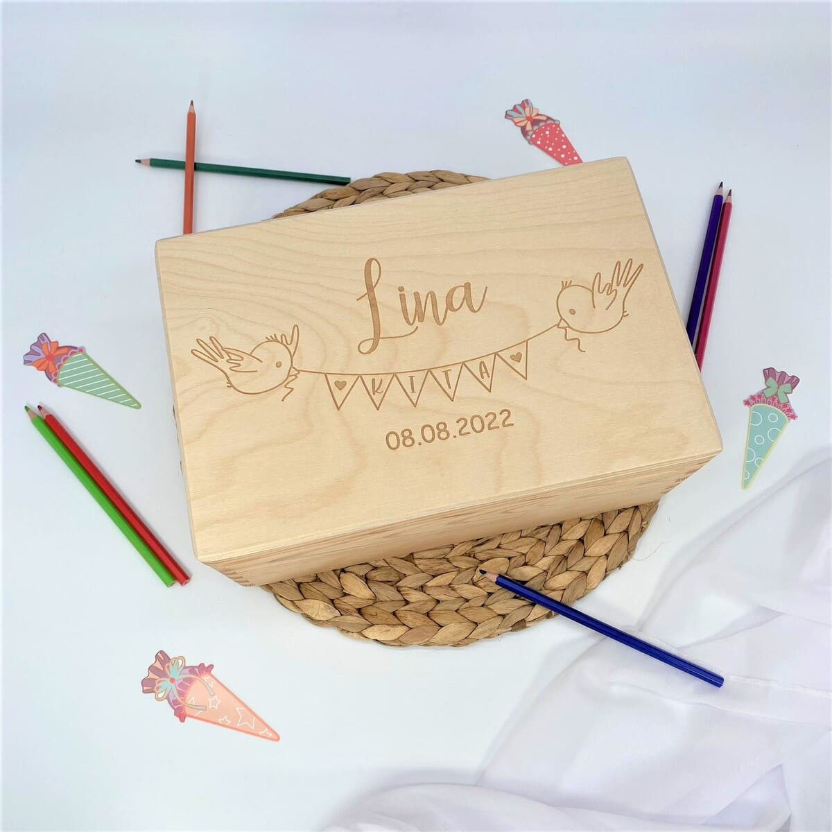 Erinnerungskiste zum Kitastart I Geschenk Kindergartenkind I Wimpel Vogel Kita 2023