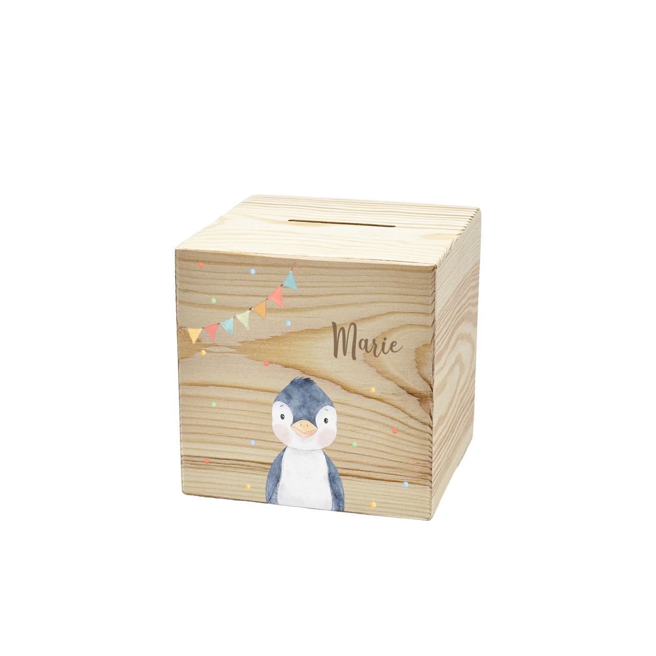 Personalisierte Holzspardose Pinguin Girlande 