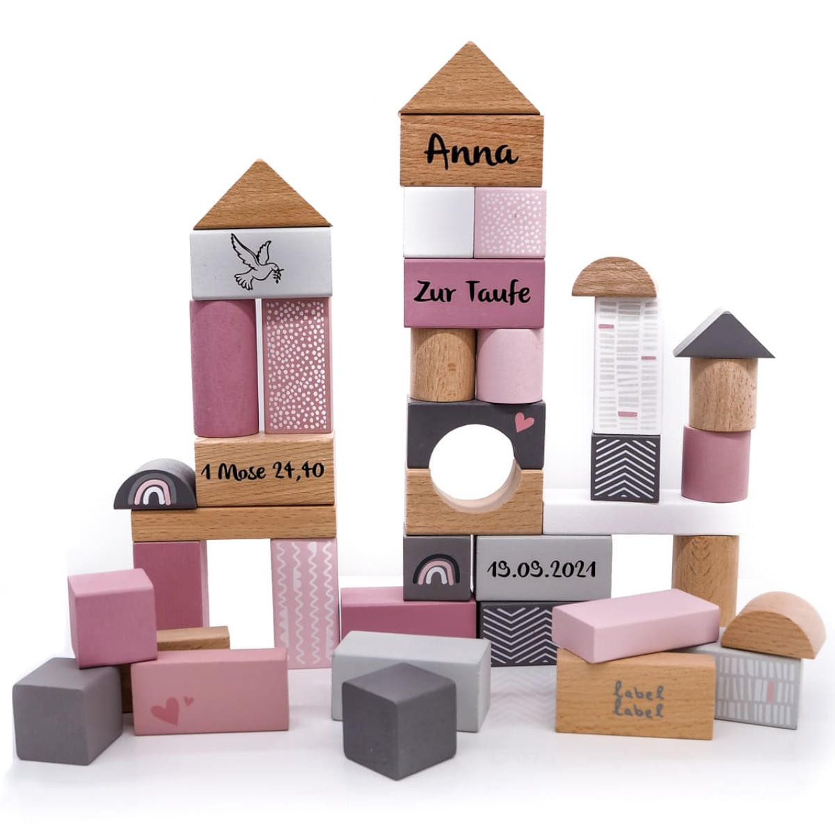 Geschenk zur Taufe | Holzbausteine rosa | Label Label