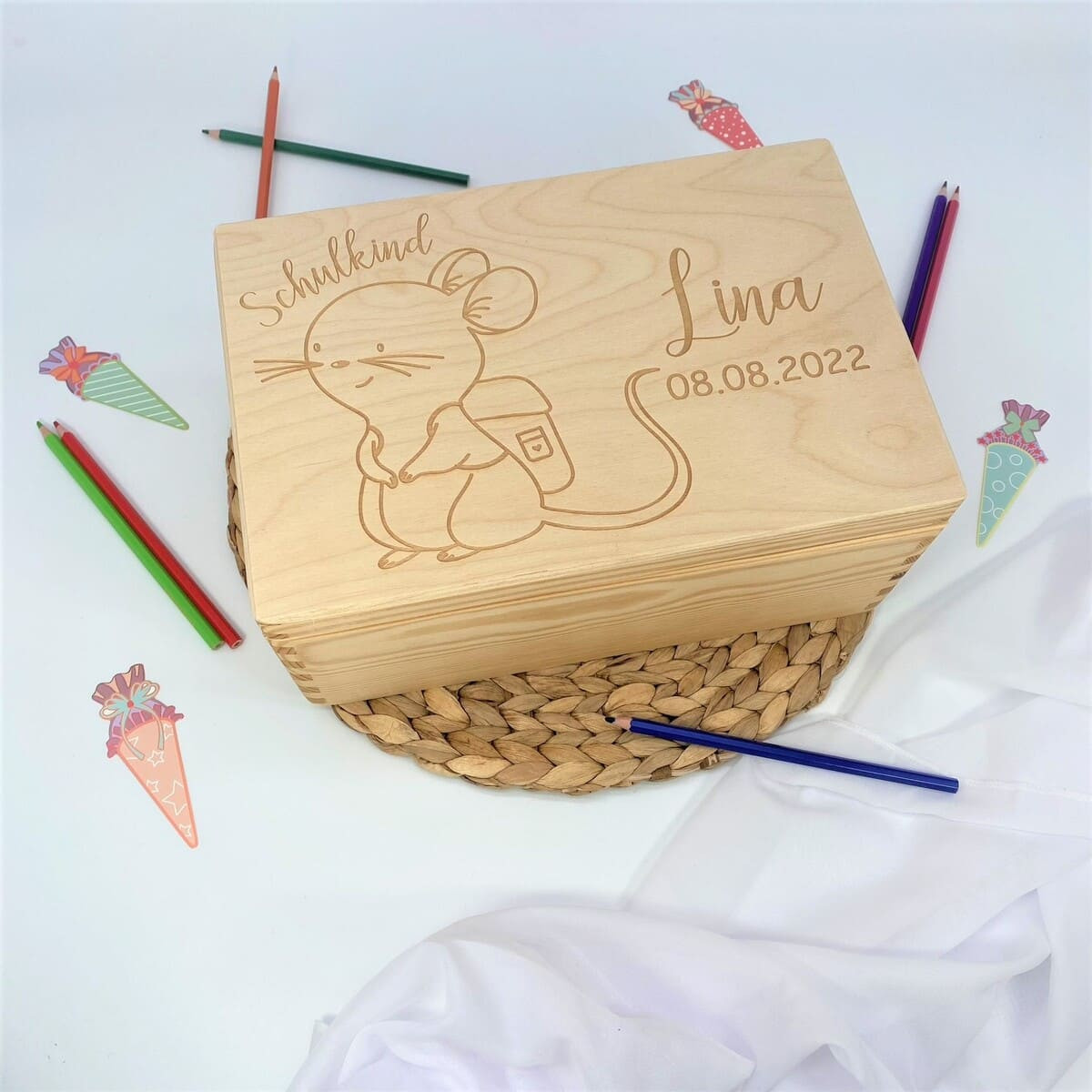 Erinnerungskiste zum Schulstart I Geschenk zur Einschulung I Schulkind Maus