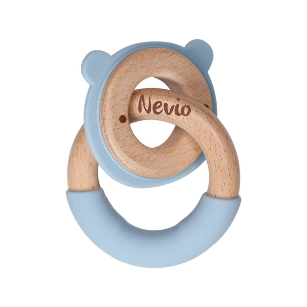Holz & Silikon Beißring mit Bärenkopfring blau | Babygeschenk | personalisierbar