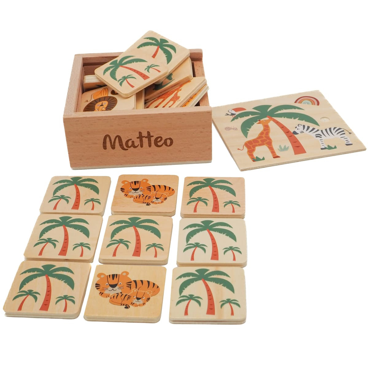 Memo Safari Spiel Holz personalisiert mit Holzbox