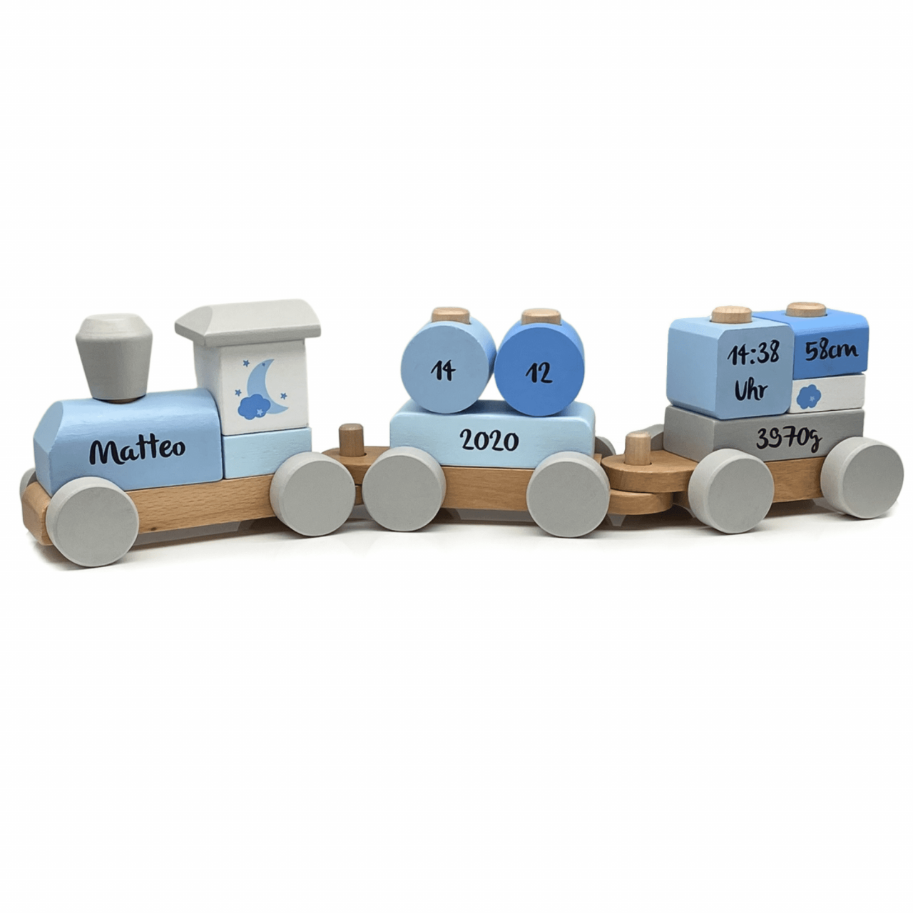 Holz Eisenbahn in blau von Muffy & Moon I Geburtsgeschenk I personalisiet mit Name und Geburtsdaten