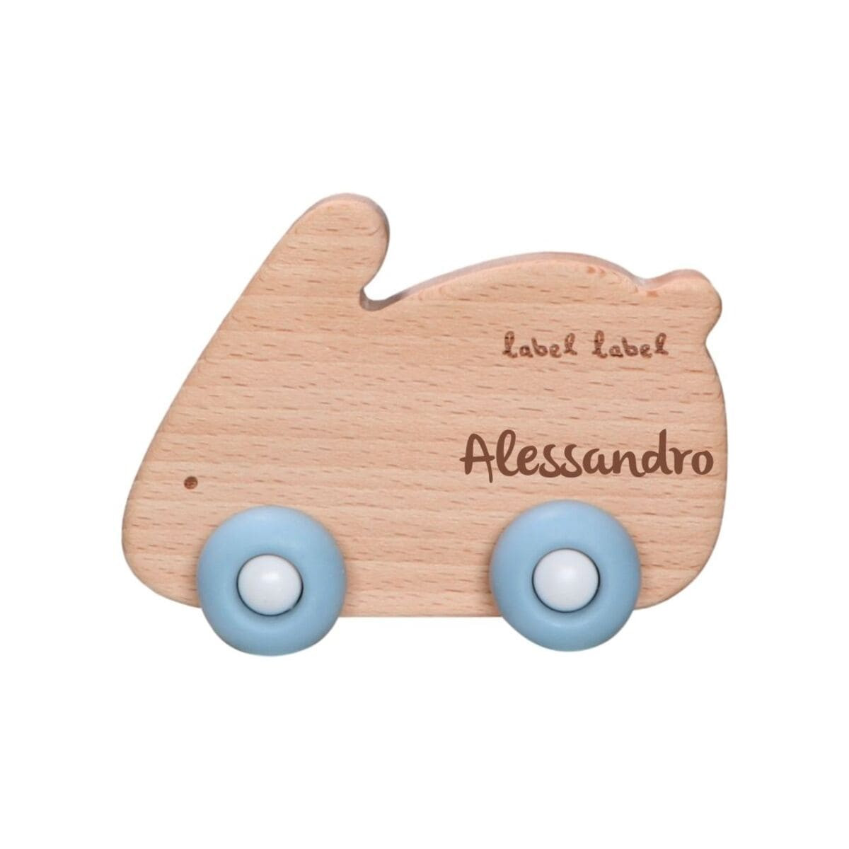 Holz & Silikon Hase auf Rädern blau | Babygeschenk | personalisierbar
