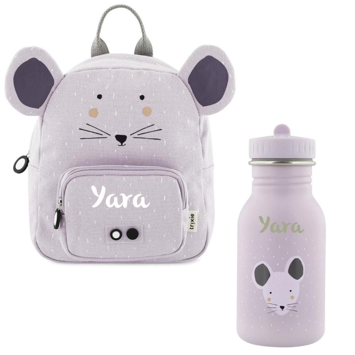 Kinderrucksack Set mit Trinkflasche und Namen, Kindergartenrucksack Set Trixie Maus