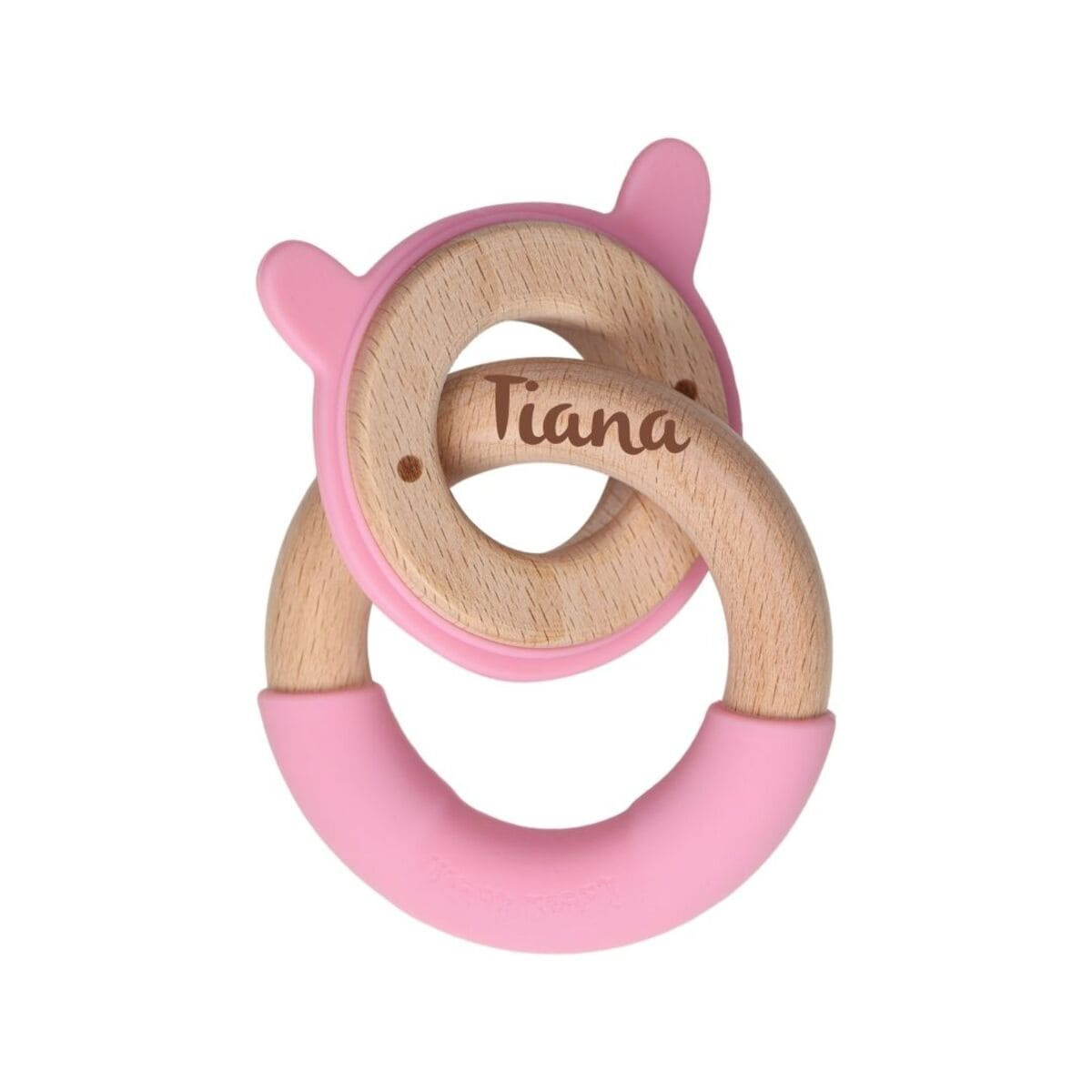 Holz & Silikon Beißring mit Bärenkopfring rosa | Babygeschenk | personalisierbar
