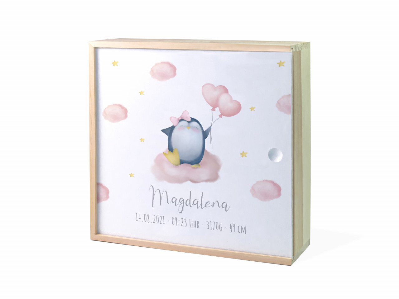 Erinnerungsbox Geburt | Pinguin Herzballon - Mädchen | Kidslino