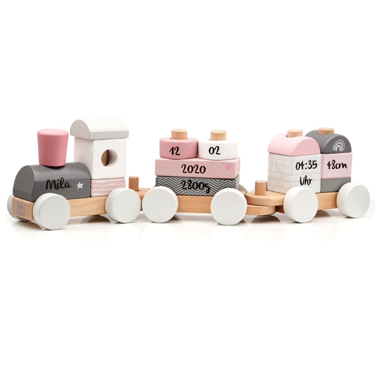 Holz Eisenbahn Zug Lokomotive mit Steckformen rosa | bedruckt personalisierbar mit Geburtsdaten – Geschenk zur Geburt